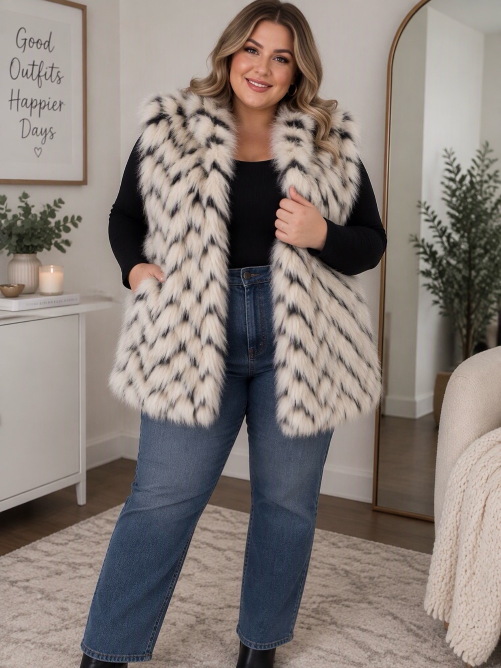 Tribal XXL Faux‑Fur Chevron Vest – White & Black Chevron